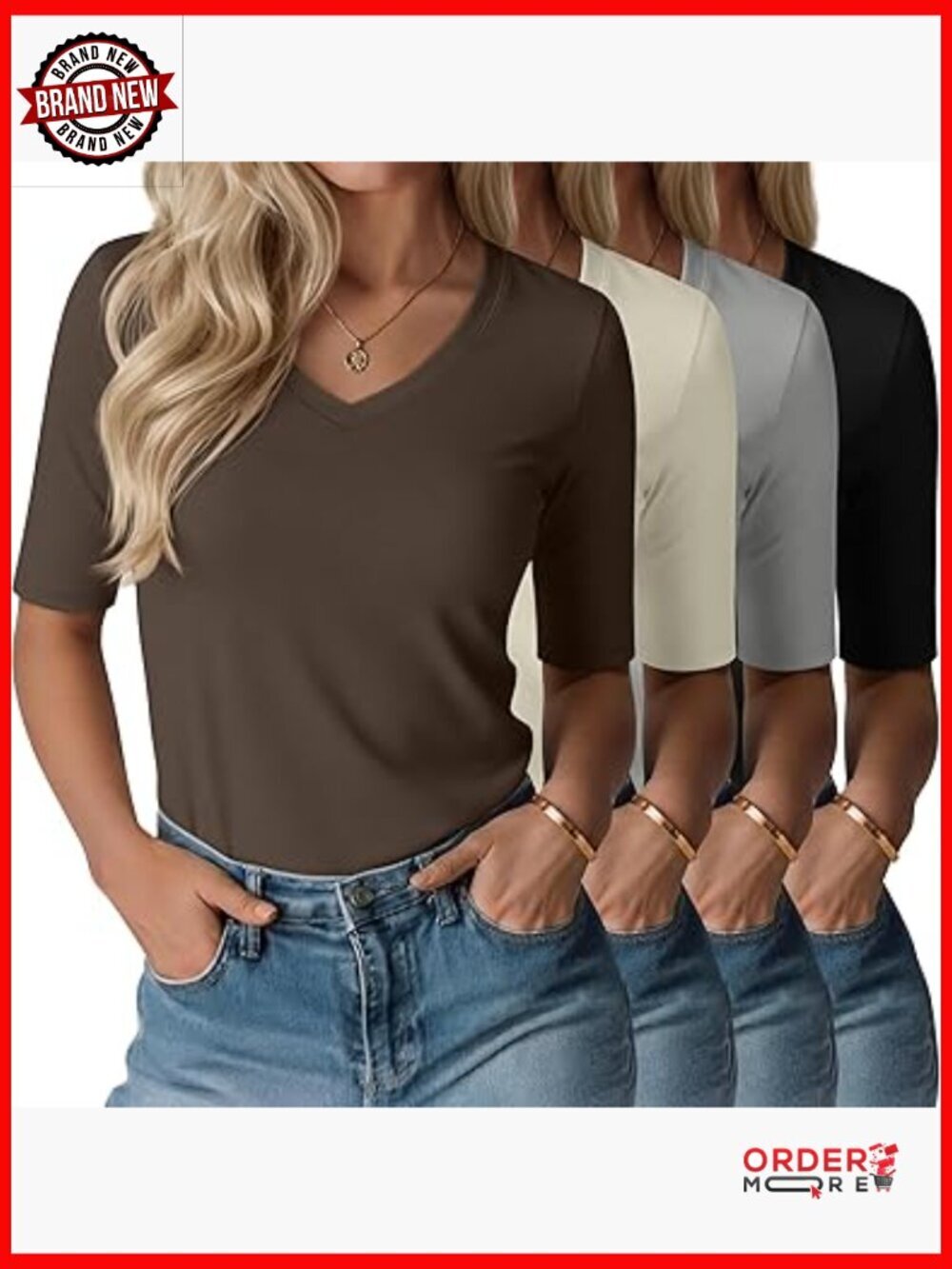 4 Pack Women's V Neck Half Sleeve Tops Slim Fit Casual Shirts Tees